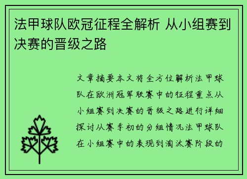 法甲球队欧冠征程全解析 从小组赛到决赛的晋级之路